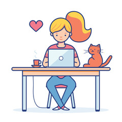 Young adult woman working laptop, friendly cat sitting table beside steaming cup coffee. Casual home office setting, pet lover, freelance lifestyle illustration. Happy remote worker ginger cat, cozy