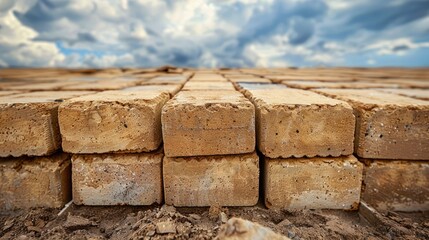Close-up image of neatly stacked brown bricks against a dramatic cloudy sky, representing building materials and construction.