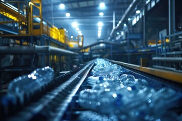 Conveyor belt in a recycling facility transporting a high volume of plastic bottles, illuminated by blue industrial lighting.