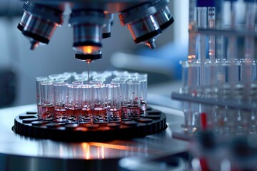 Close-up of laboratory equipment with test tubes and a microscope in a science lab, highlighting advanced research and experimentation.