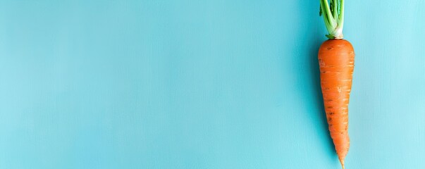 Fresh orange carrot with green top on blue background. Minimalistic composition showcasing healthy vegetable and vibrant color contrast.