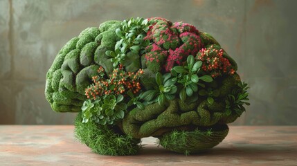 A unique brain-shaped topiary centerpiece, adorned with various vibrant plants, promoting sustainability and green eco-friendly practices