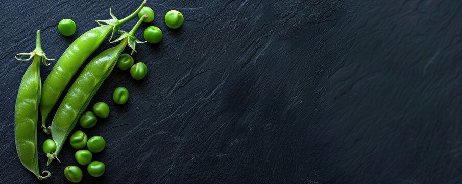 Fresh green peas and peapods arranged on a dark slate background, providing a natural and healthy food image with ample copy space.