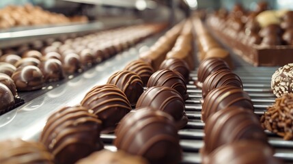 Chocolate Candies on a Production Conveyor Belt. A detailed look at a chocolate factory's production line showing various types of chocolates moving on a conveyor belt, illustrating mass production.