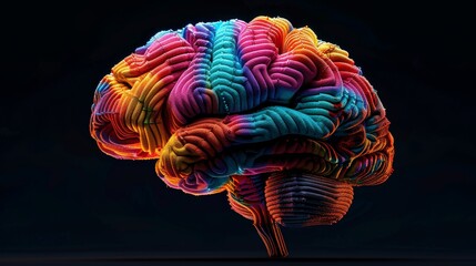 Artistic molecular model of a brain, each lobe in distinct bright colors, emphasizing scientific and neurological aspects
