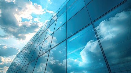 Modern glass building reflecting cloudy sky with a futuristic and architectural feel, showcasing urban design and innovation.