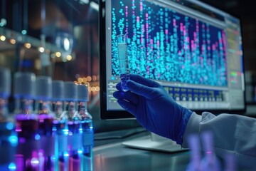 Scientist analyzing DNA sequences on computer in lab. High-tech laboratory research with genetic data and chemical analysis.