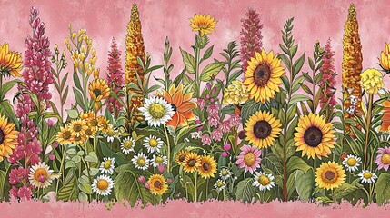 a enchanting illustration of a radiant sunflower garden with a healing and uplifting color palette. use shades of golden yellow, sun-kissed orange, cheerful pink, and hints of light green to capture t