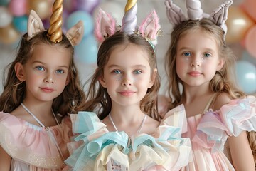 Three young girls dressed in unicorn costumes with pastel colors, celebrating at a themed party with balloons in the background.