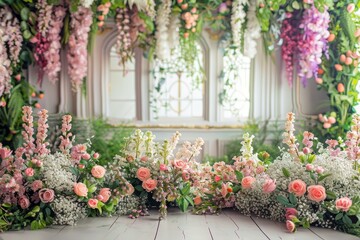 Beautiful floral arrangement with an abundance of pink, purple, and white flowers in front of a window, creating a serene and romantic atmosphere.