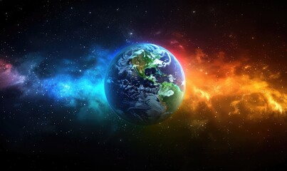 Fototapeta premium Vibrant and colorful digital artwork of Earth in space with a unique gradient, blending blue and fiery orange hues in the galaxy backdrop.