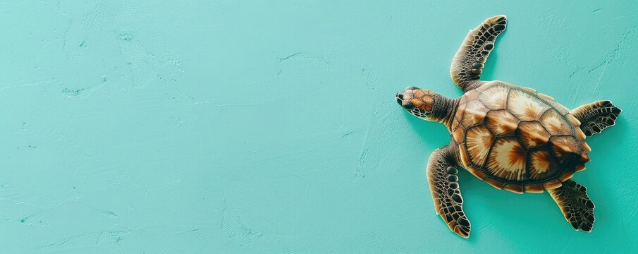 Top view of a sea turtle swimming gracefully in turquoise water, showcasing its beautiful shell pattern and the serene aquatic environment.