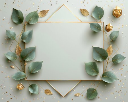 Elegant Blank Frame with Green and Gold Leaf Ornaments and Decorative Elements on Light Background for Inviting Seasonal Festivities