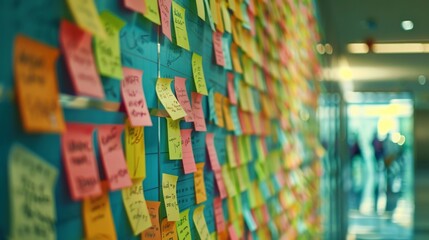 Fototapeta premium A wall filled with post-it notes each containing a different mathematical equation or concept