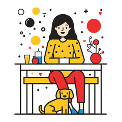 Adult female working home desk, pet dog sitting her feet. Casual attire, creative workspace, geometric shapes, modern art decor. Woman multitasking, domestic life, colorful home office illustration