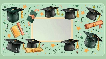 Decorative Graduation Frame with Mortarboards and Diplomas - Ideal for Graduation Announcement, Invitation, or Celebration