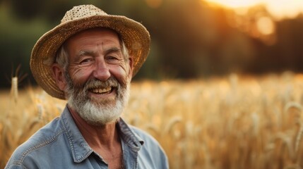 Fototapeta premium Smiling elderly Caucasian man with a beard, wearing a straw hat, in a rural field at dusk.