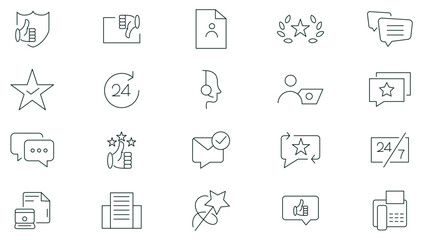 Customer service and support thin line icon set. Satisfaction, Support, Helpdesk, Response, Feedback, FAQ, assistance, experience, operator, and technical support icons pack.
