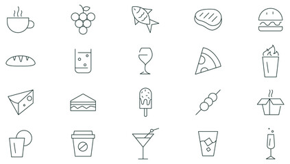 Food and drink - line icon set collection. Restaurant, hotel, fast food, menu. online food apps, web outline icons collection. Thin outline icon pack vector