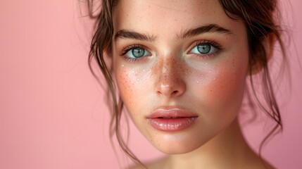 Fototapeta premium A beautiful European girl at full height, her body shimmering in silver, and her face clean with a golden glow, creating a striking and elegant appearance.