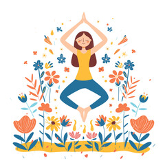 Young woman practicing yoga, surrounded vibrant flowers, peaceful meditation. Female character lotus pose, serene mindfulness, floral yoga inspiration. Animated wellness, selfcare activity, joyful