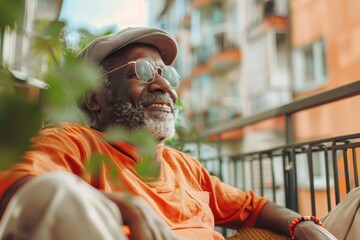 Obraz premium Elderly man peacefully enjoying the city view on a sunny day from his balcony in an urban setting