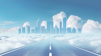 Flying road highway banner or mockup. Abstract design illustration of straight straight road with buildings skyline in the background. illustration abstract design isolated with clouds
