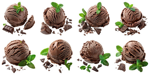 Set of Choco Mint Ice Cream With Mint Leaves isolated on transparent png background. Generative ai