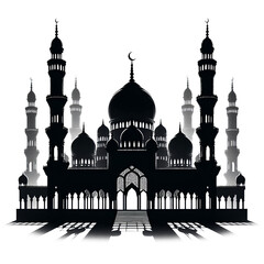 Silhouette of a majestic mosque shadow., black color, isolated, white background