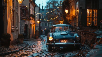 Classic car parked on a cobblestone street at dusk, with street lamps casting a warm glow and old buildings in the background