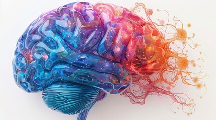 Colorful brain-shaped molecular model, intricate details showcasing neurons and synapses, vibrant hues representing different brain regions