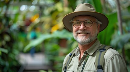 An elderly man with a beard, wearing safari attire, explores a tropical garden with joy