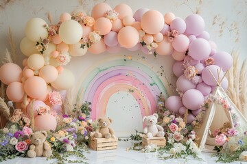 Charming pastel balloon arch with teddy bears and flowers for a whimsical baby shower or birthday party decoration.
