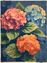 A lino cut depicting hydrangeas with retro colors in a simple modern screen print. The artwork is colorful, making it suitable for a fine art print 