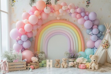Colorful pastel balloon arch and rainbow backdrop with plush toys, perfect for a whimsical and dreamy children's party decoration.