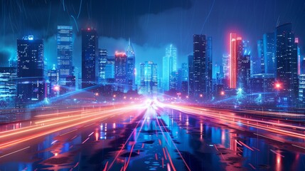 Dynamic cityscape where creative ideas flow like neon rivers, illuminating and reshaping the urban environment