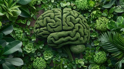 Eco-friendly brain-shaped topiary surrounded by assorted green plants, showcasing nature's beauty and sustainable gardening