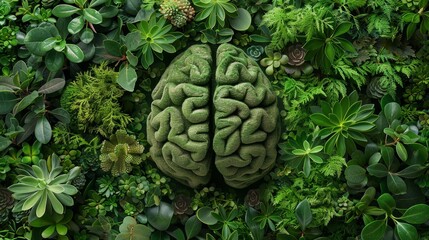 Eco-friendly brain-shaped topiary surrounded by assorted green plants, showcasing nature's beauty and sustainable gardening