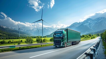 Eco-friendly logistics operation featuring electric trucks, a solar-paneled warehouse, and wind turbines, all in a green, sustainable environment