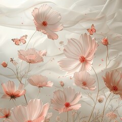 Elegant image of soft pink flowers and butterflies against a delicate, airy background. Perfect for nature, floral art, and calm mood.