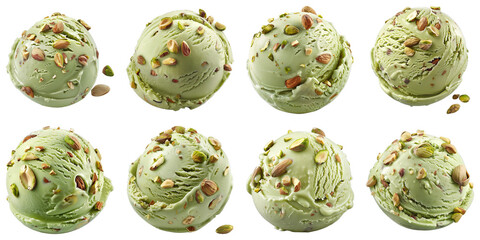 Set of Pistachio Ice Cream With Nuts isolated on transparent png background. Generative ai