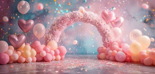 Dreamy balloon arch with pink, white, and heart-shaped balloons, perfect for celebrations and events in a whimsical, magical setting.