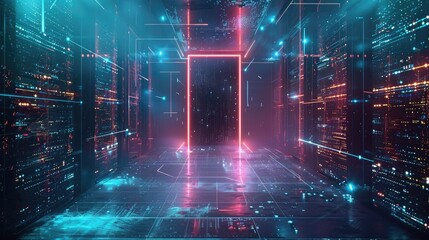 Futuristic door in cyber space. Digital Data center is portal in virtual metaverse. Abstract path to virtual reality. Fantasy cyber door in digital world. Gate in artifical digital universes