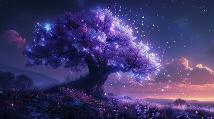 Enchanted purple tree with luminescent petals, illuminated by moonlight, petals drifting softly down a tranquil hill
