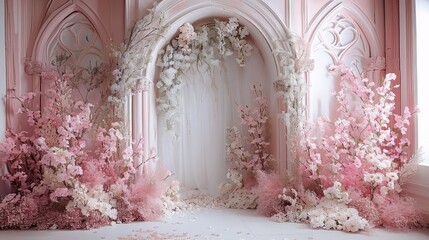 Ethereal pink floral archway with delicate blossoms and soft, whimsical decor in a fairytale-like setting for ceremonies or photoshoots.