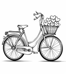 Hand-drawn vintage bicycle with a basket full of hearts, perfect for Valentine's Day or romantic illustrations.