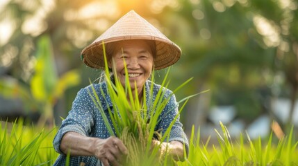 A woman wearing a straw hat is smiling while planting rice