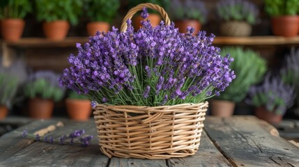 Freshly picked lavender in a basket, rustic setting, bright colors