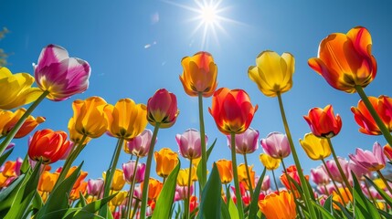 Fototapeta premium Field of tulips under clear sky, bright and vibrant, springtime beauty, copy space