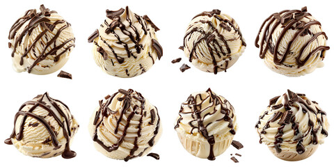 Set of Vanilla Bean And Chocolate Swirl Ice Cream isolated on transparent png background. Generative ai